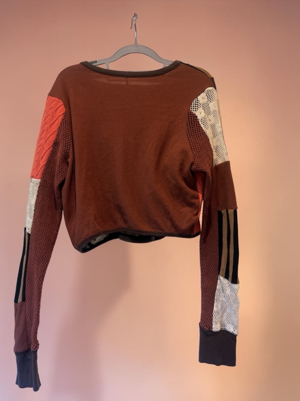 Free People XL Patchwork Crop Cardigan Boho Mixed Knit V-Neck Button Top - Picture 3 of 3
